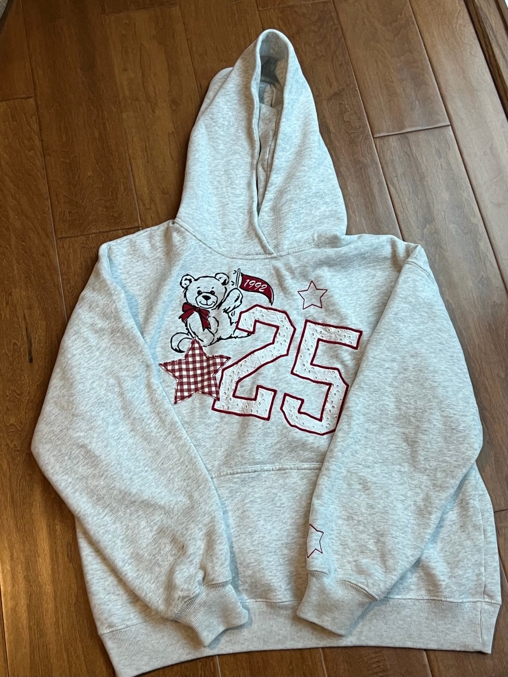 Hollister Grey Hoodie with Red Teddy Bear & 25 Graphic- XS